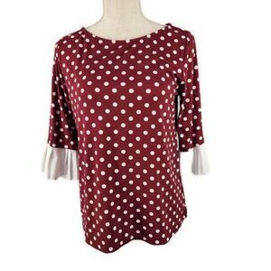 Emberley Womens 3/4 Flounce Sleeve Maroon Polka Dot Shirt Top Blouse Sz M
